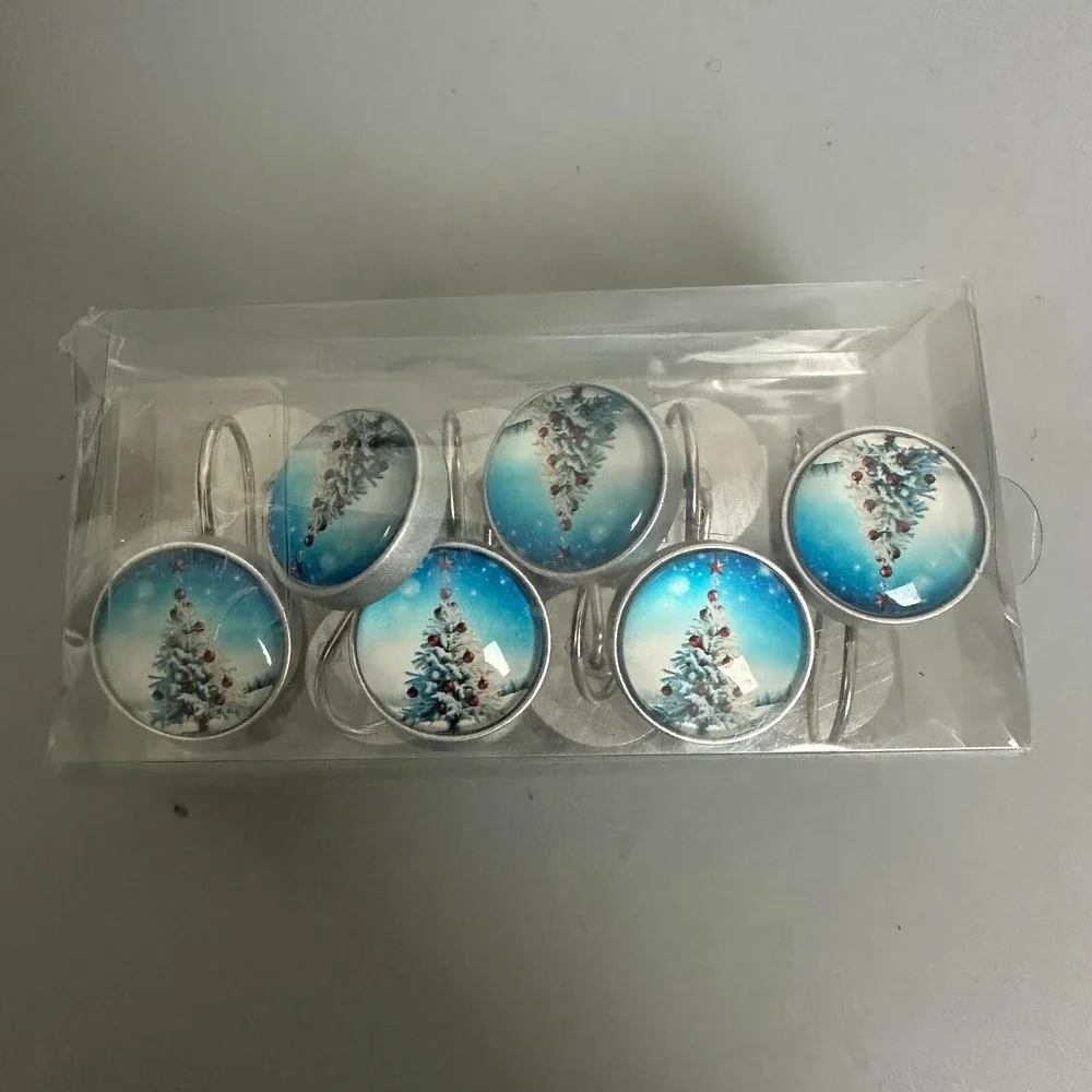 Christmas Shower Curtain Hooks‎ Set of 12 Snowy Tree Winter Holiday Decor Silver
